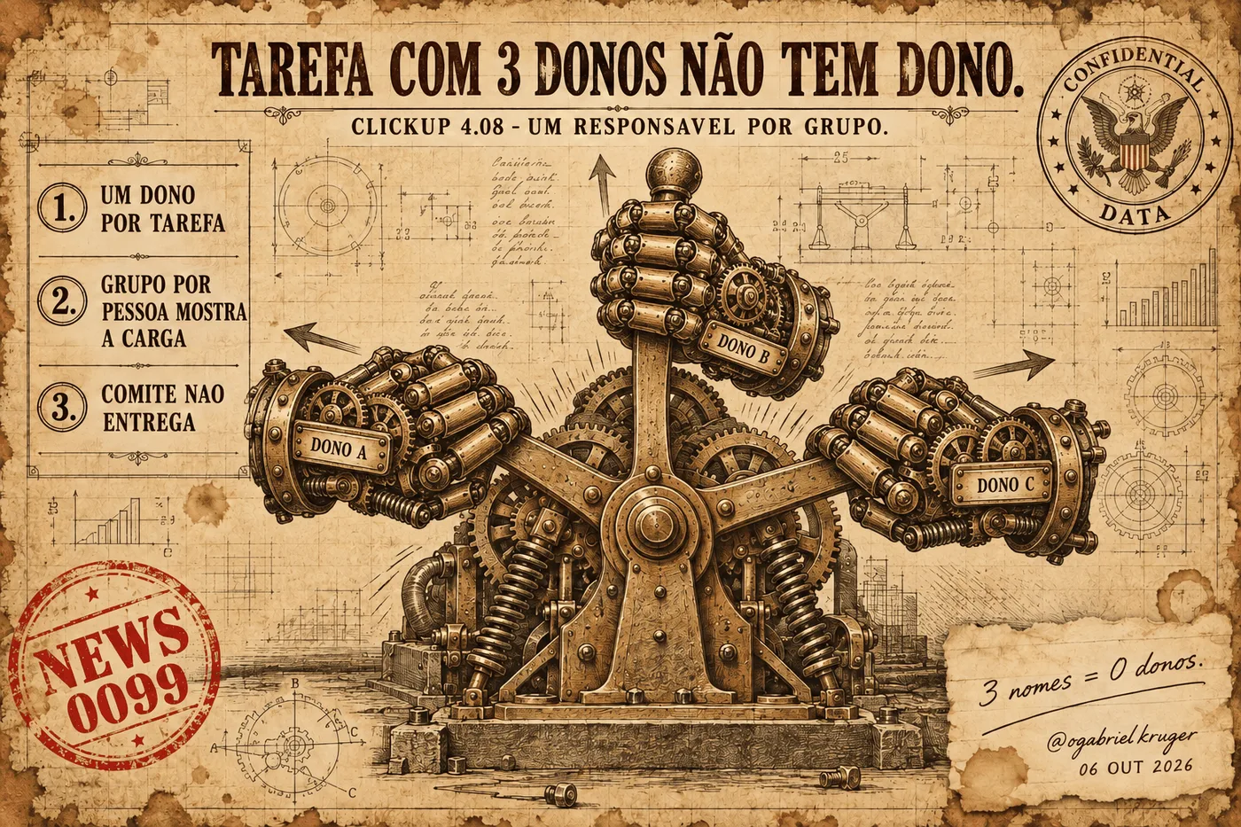 Capa da News 0099: Tarefa com 3 Donos Não Tem Dono: O ClickUp 4.08 e o Fim da Responsabilidade Diluída